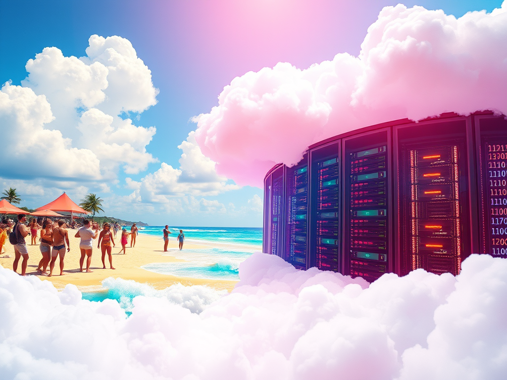 Colorful thumbnail showing two worlds connected by clouds: a beach club party with people taking selfies on the left, and a glowing data center storing media files on the right.