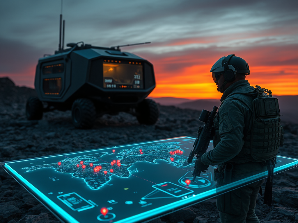 Futuristic battlefield command center at dusk featuring a soldier in tactical gear using an augmented reality headset to analyze a glowing holographic map of a conflict zone. The hologram, powered by Palantir’s AI-based defense solutions, displays real-time data from satellite imagery and drone feeds. In the background, a sleek Tactical Intelligence Targeting Access Node (TITAN) ground station reflects the sunset, showcasing advanced military technology. ‘Palantir Defense Solutions’ is embossed in neon blue at the bottom left.