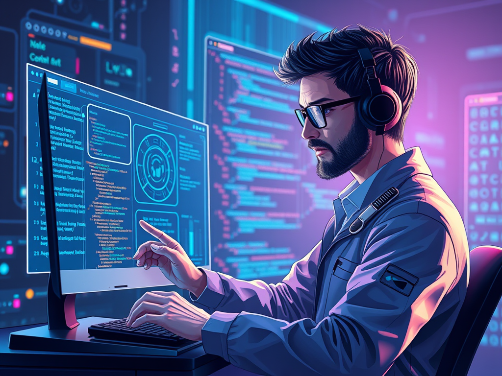 Futuristic illustration of a software engineer collaborating with an AI assistant, designing a complex system architecture on a holographic screen. The AI generates code and debug patterns in the background, blending human creativity with automation in a sleek, tech-inspired blue and purple color scheme