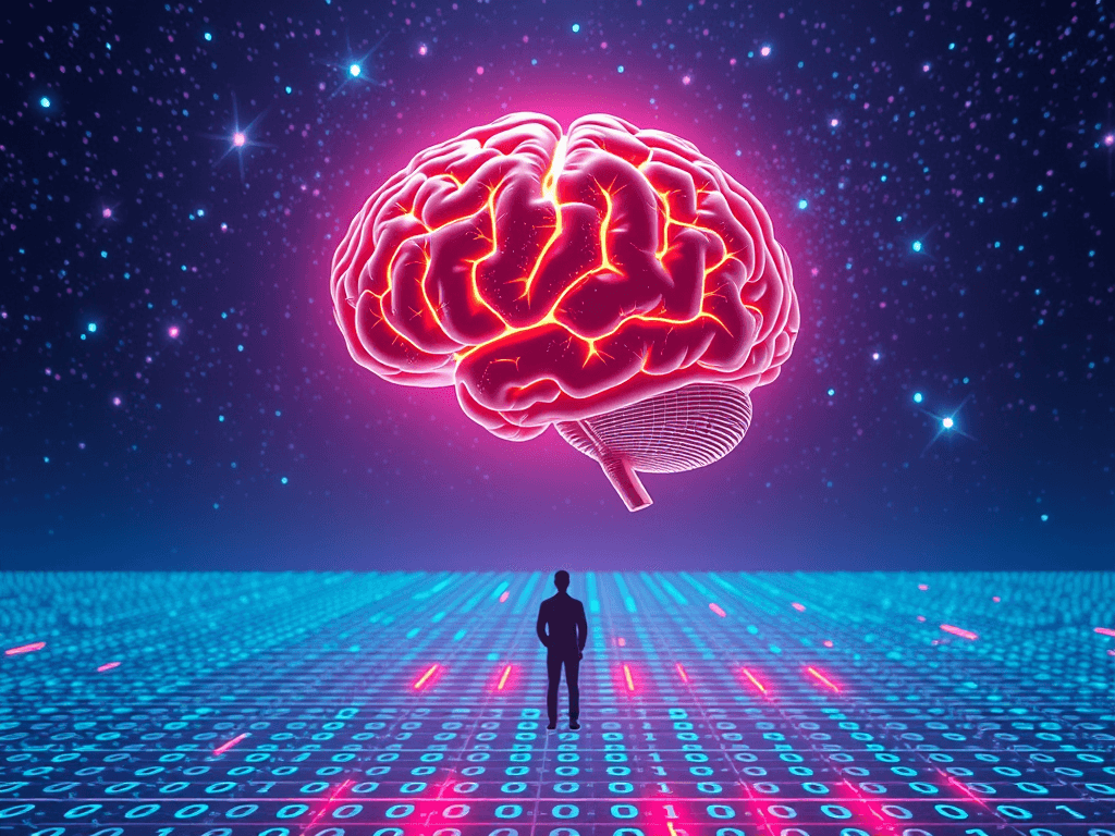 Glowing brain hovers over binary grid in a neon-lit cosmos, symbolizing simulated reality in a cyberpunk universe.